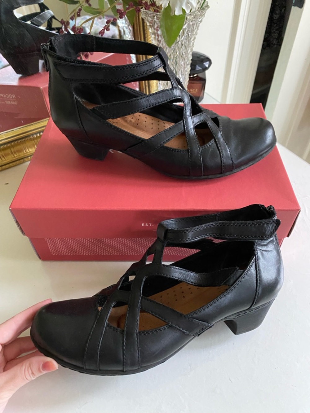 Rockport “Adrina” Black Strappy Low Block-Heel Pumps, 7.5